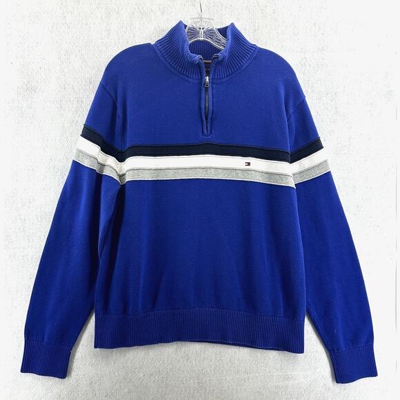 Tommy Hilfiger Other - Tommy Hilfiger Flag Logo Sweater 1/4 Zip Black White Gray Stripe Pullover XXL